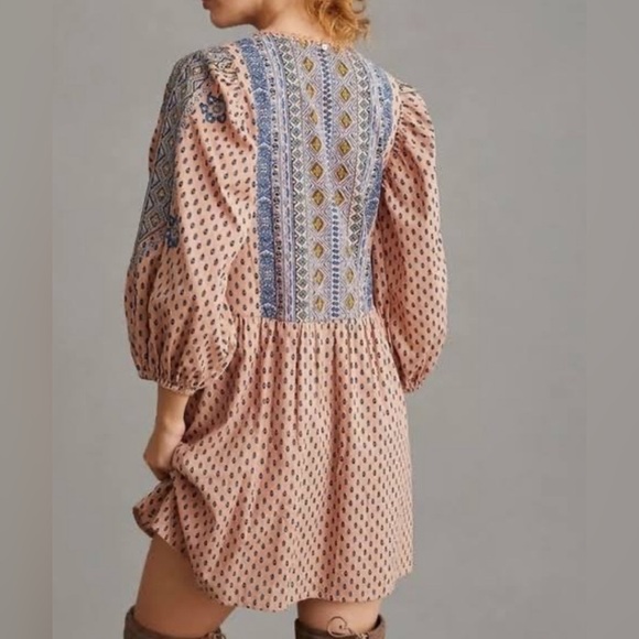 ANTHROPOLOGIE  Embroidered Cotton  Boho Mini Tunic Dress SZ 6 - Picture 16 of 17